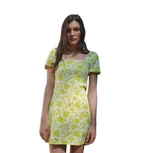 Zara Jacquard Knit Floral Puff Sleeve Mini Dress Citrus Yellow Green Size S - Picture 13 of 13